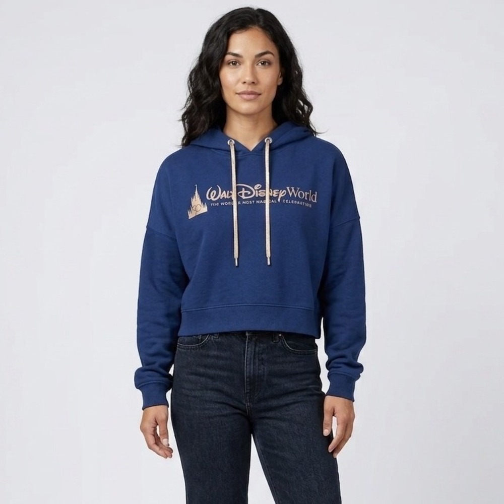 Disney World 50th Anniversary Navy Blue Cropped Hoodie Rose Gold Metallic Medium